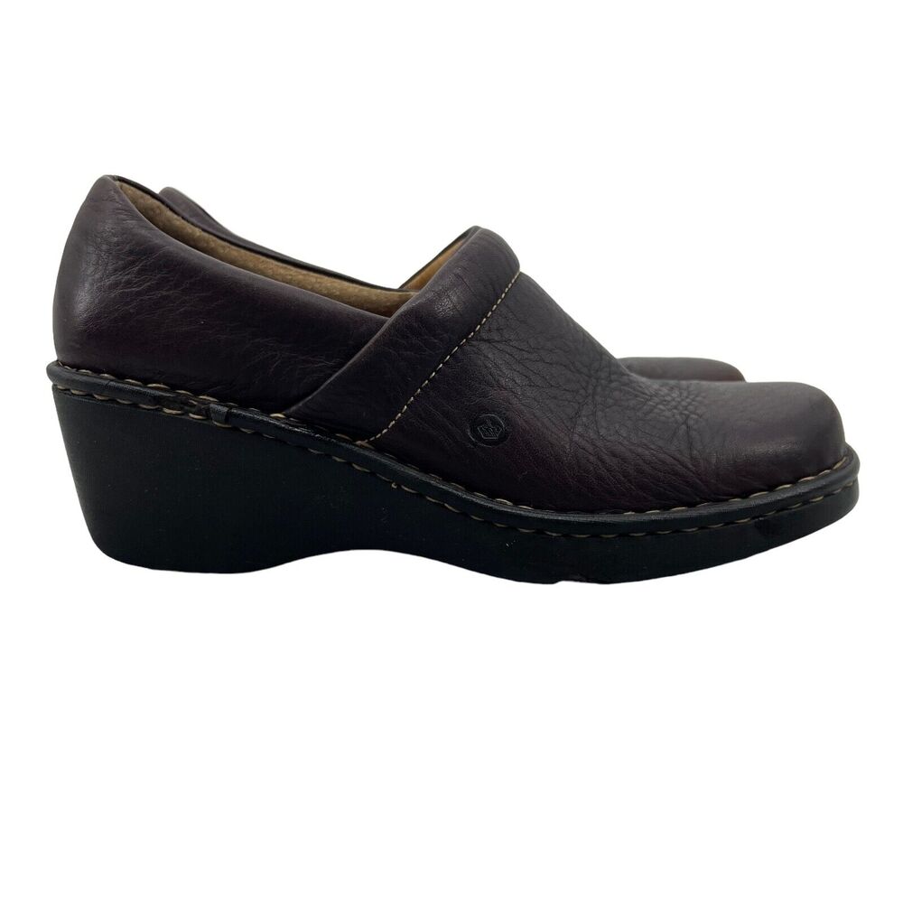 Born Clogs Womens 9.5 Brown Leather Slip On Wedge Heel Square Toe Work Shoes